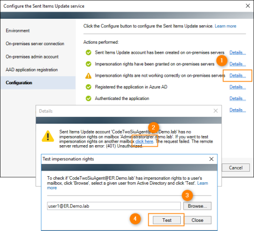 Testing the selected admin account's impersonation rights on other user mailboxes