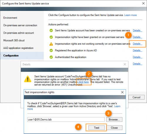 Testing the selected admin account's impersonation rights on other user mailboxes