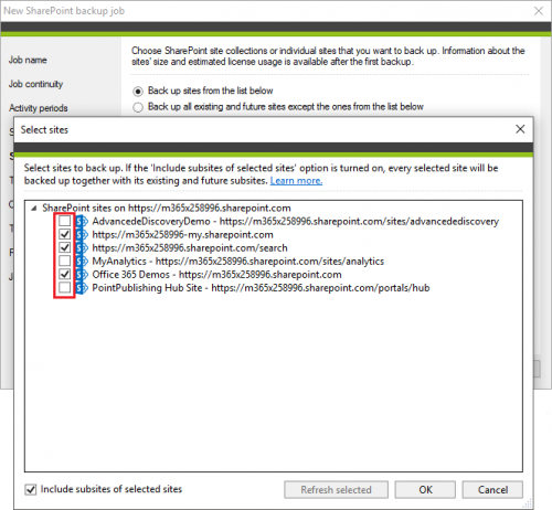 Backup SharePoint backup job selecting sites