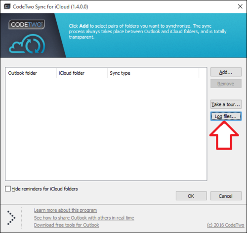 Log files access from the add-in settings.