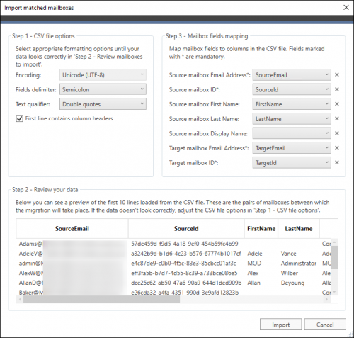 The Import matched mailboxes window is used to prepare the CSV file for import.