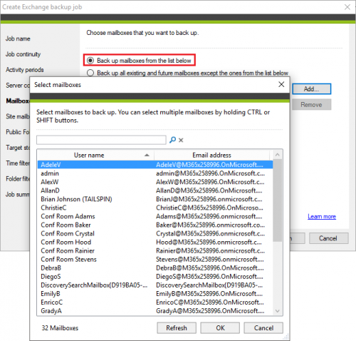 Backup Exchange backup job selecting mailboxes
