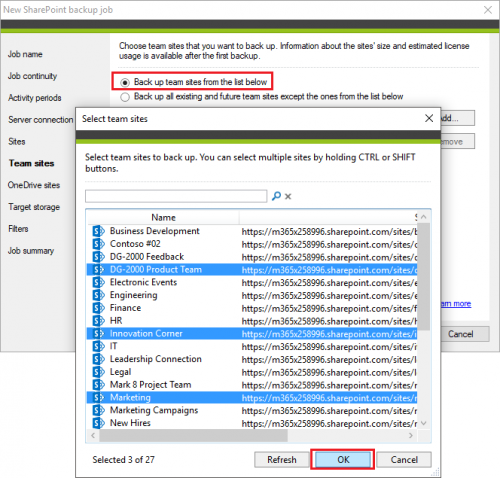 Backup SharePoint backup job selecting team sites