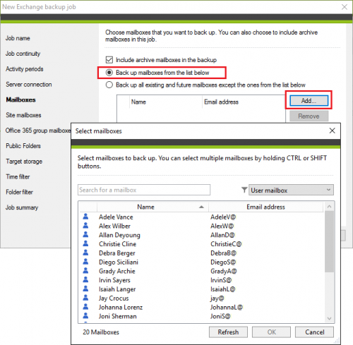 Backup Exchange backup job selecting mailboxes