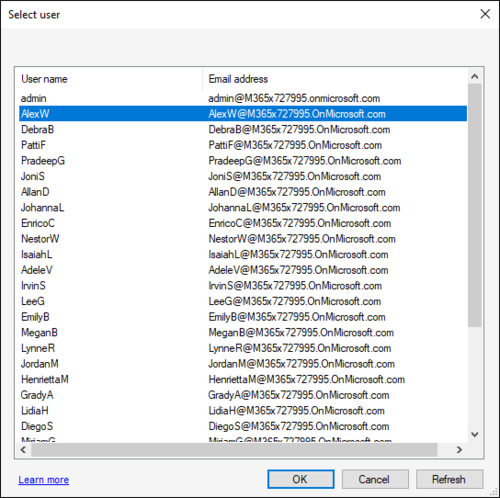 Backup O365 connection list of users