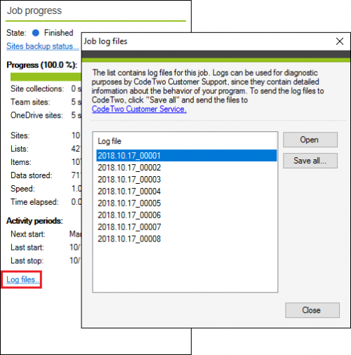 Backup Jobs tab log files