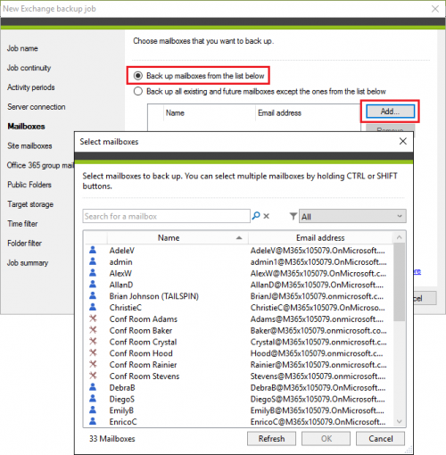 Backup Exchange backup job selecting mailboxes