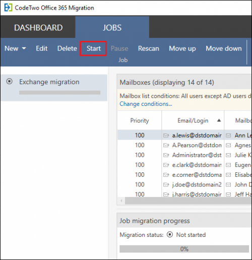 Starting a migration job in CodeTwo Office 365 Migration