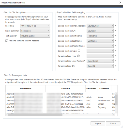 The Import matched mailboxes window is used to prepare the CSV file for import.