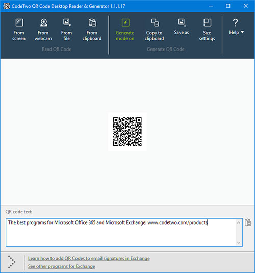 CodeTwo QR Code Desktop Reader & Generator - your own code generated in the program.