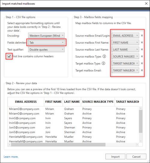 Formatting options used for a CSV file exported from the Exchange admin center.