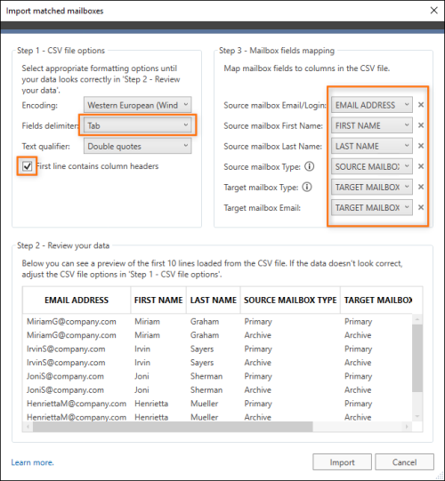 Formatting options used for a CSV file exported from the Exchange admin center.