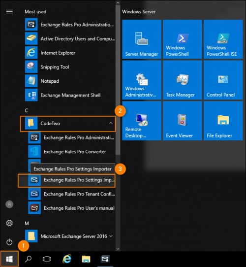 Accessing the Settings Importer via the Start menu.