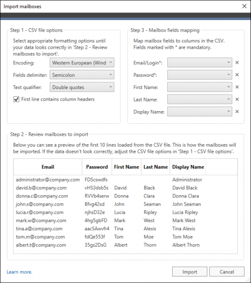 Migration tools - import mailboxes csv