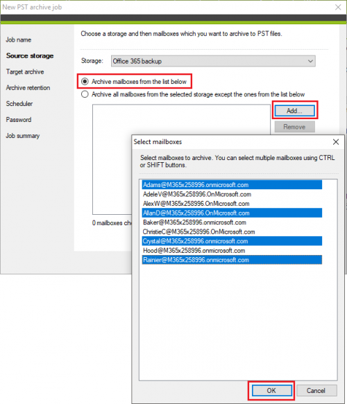 Backup PST archive job selecting mailboxes