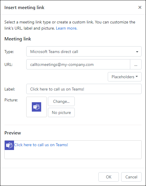 Creating a Microsoft Teams meeting link.