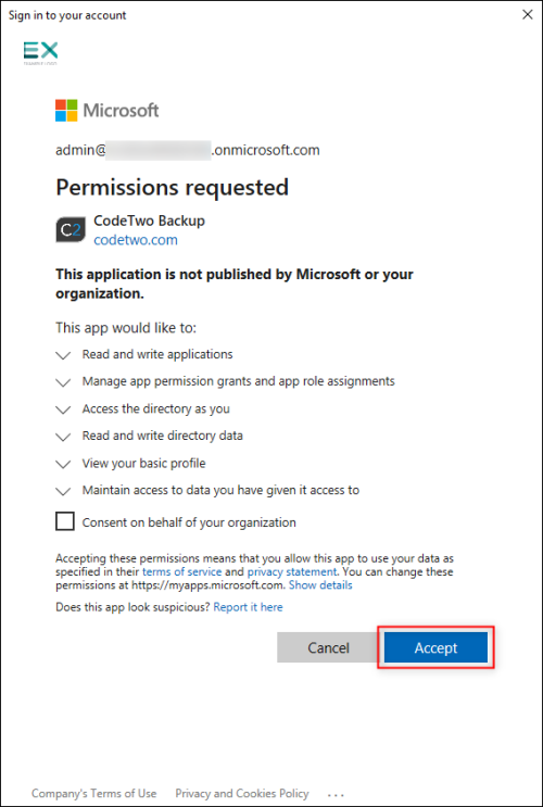 Granting the necessary permissions to CodeTwo Backup.