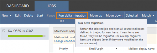 Locating the Run delta migration button on the Jobs tab.