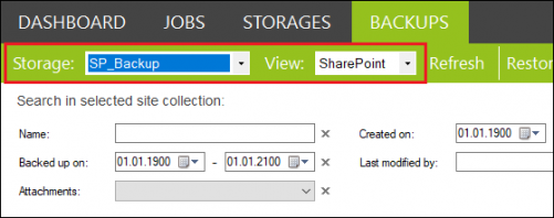 Backup SharePoint restore Selecting storage