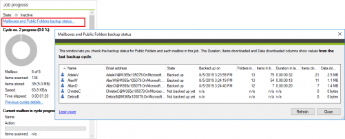 Backup Jobs tab mailboxes status