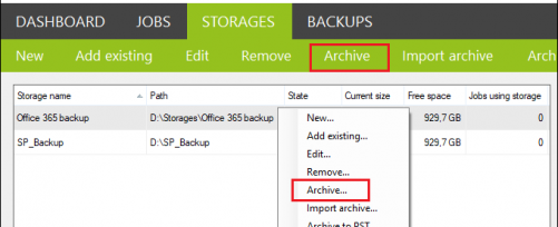 Backup create archive job from Storages tab