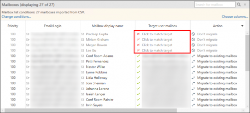 Source mailboxes without a target mailbox assigned, as displayed on the Jobs tab.