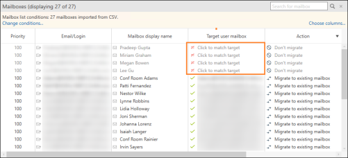 Source mailboxes without a target mailbox assigned, as displayed on the Jobs tab.
