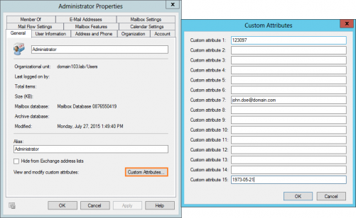 Adding Custom Attributes for a chosen user via Exchange Management Console.