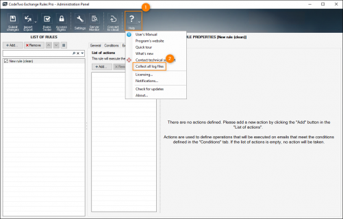 Collecting compressed log files from the Help context menu.