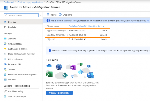 O365 Migration source Office 365 connection - Azure AD application Overview page