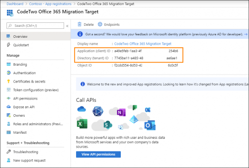 O365 Migration target connection - Azure AD application Overview page