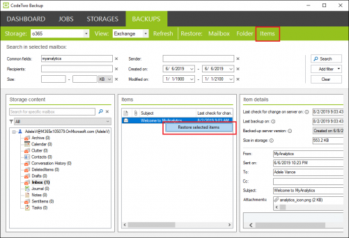 Backup - quick guide - restoring items