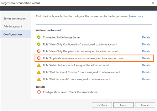 The error displayed when your admin account is not assigned the required management role.