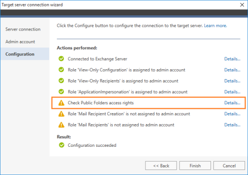 A warning message shown when configuring a connection to the target Exchange Server 2010.