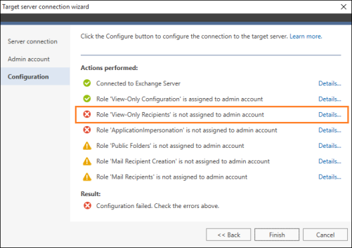 The error displayed when your admin account is not assigned the required management role.