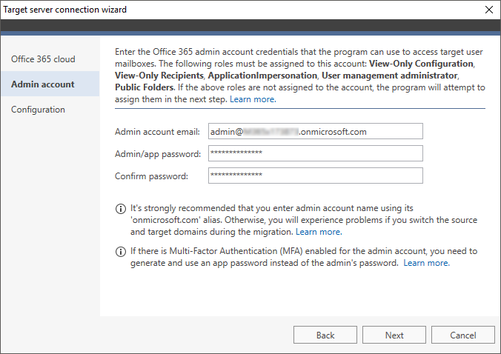 Office 365 Migration target connection wizard 1