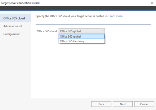 Office 365 Migration target connection wizard 1a