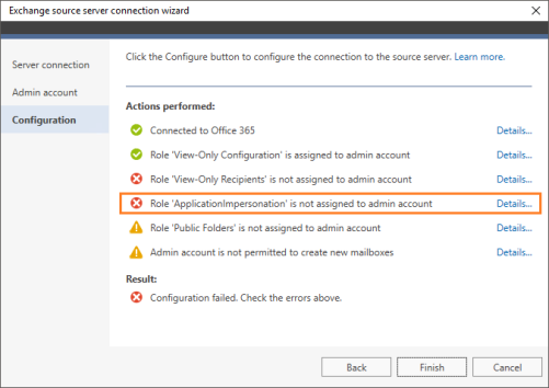 The error displayed when your admin account is not assigned the required management role.