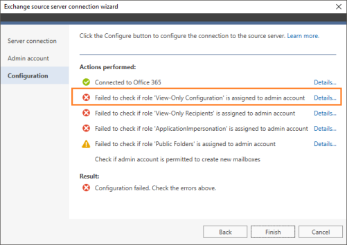 Failed to check the roles assigned to the admin account.
