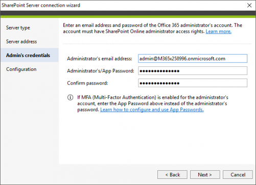 Backup SharePoint connection Admin credentials