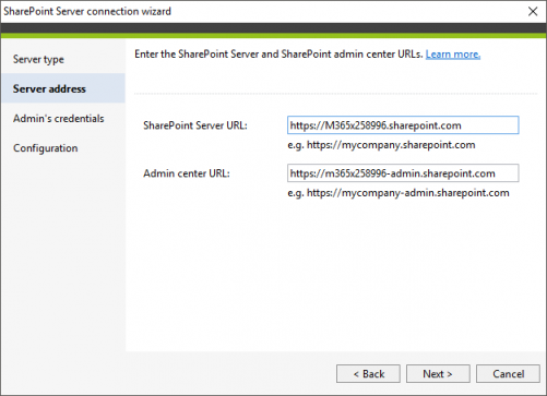 Backup SharePoint connection Server address