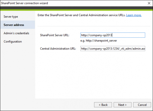 Backup SharePoint Server connection address
