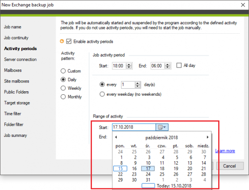 Backup Activity periods Start date