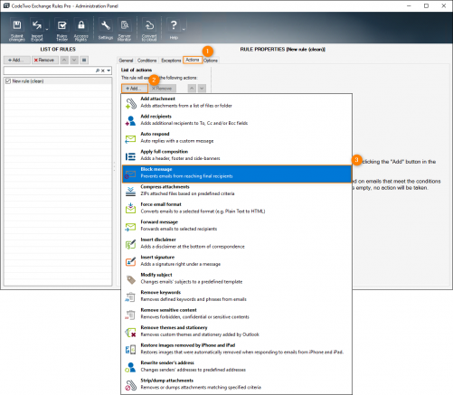 Block message on the Actions tab.