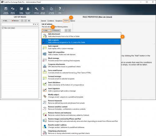 The Add recipients action on the Actions tab.