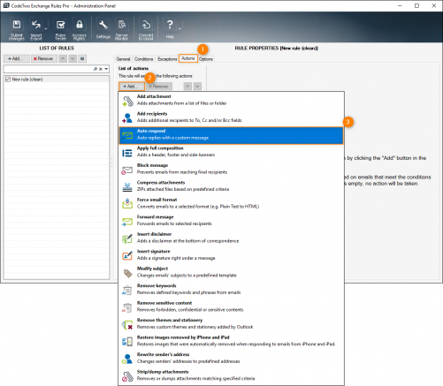 Choosing the Auto respond action on the Actions tab.