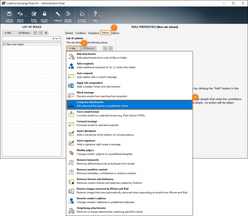 Choosing Compress attachments on the Actions tab.