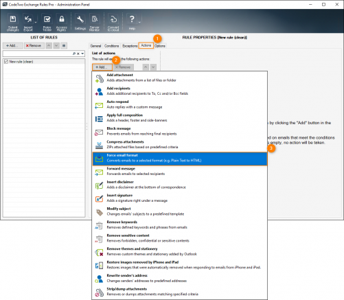 Choosing the Force email format action.