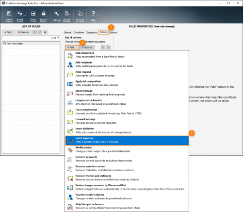Choosing the Insert signature action on the Actions tab.