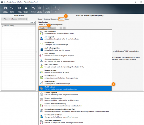 Choosing the Modify subject action on the Actions tab.
